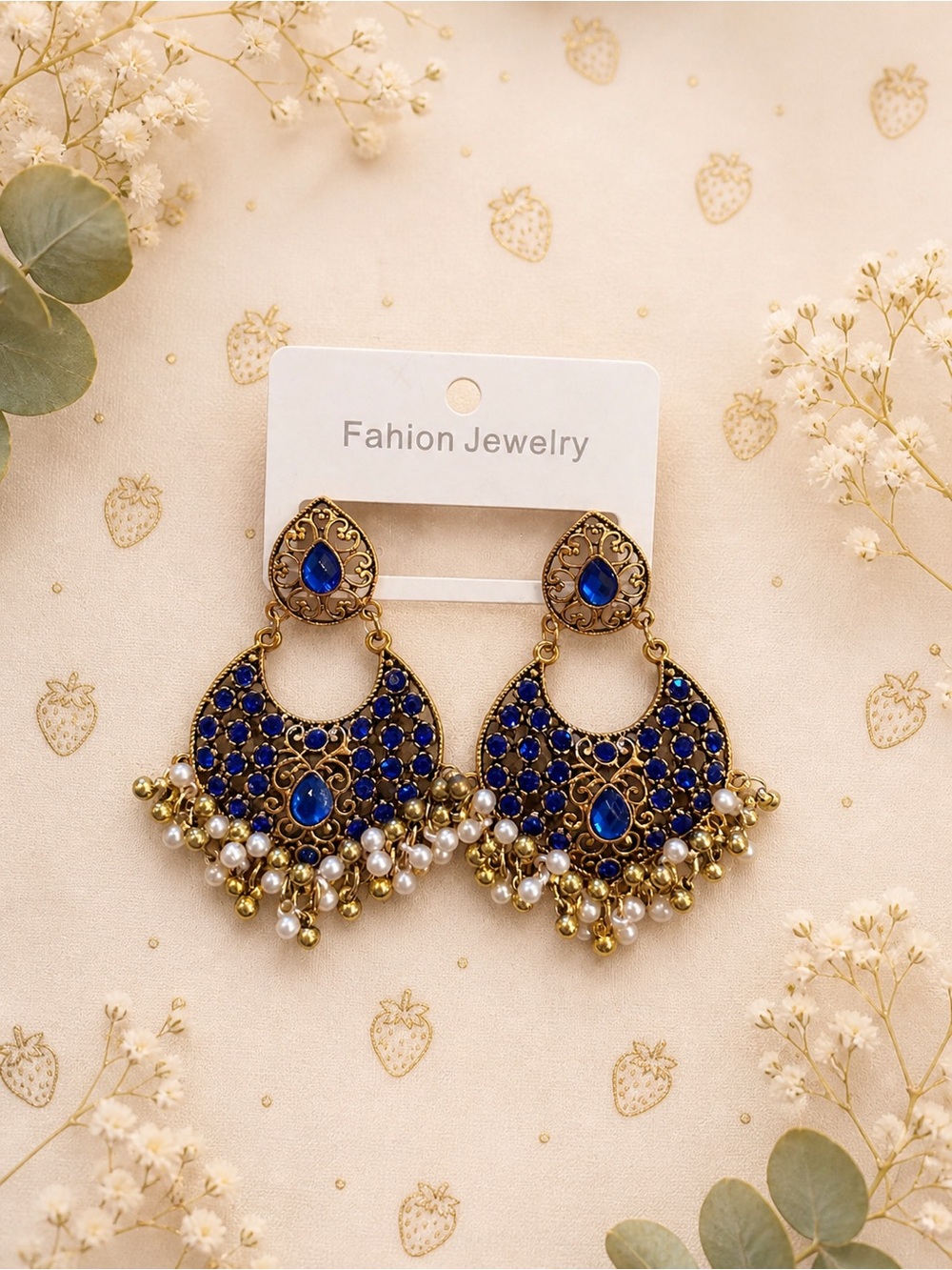 Gold-Tone Blue Teardrop Chandbali Earrings with Pearl Fringe